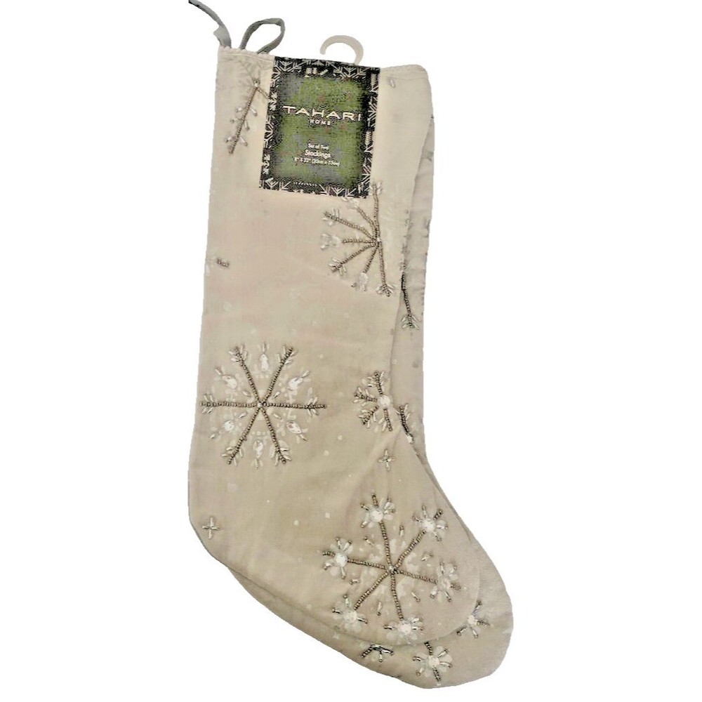 Tahari Christmas Stockings 22" Gray Velvet Rhinestone Beaded Snowflakes Set Of 2